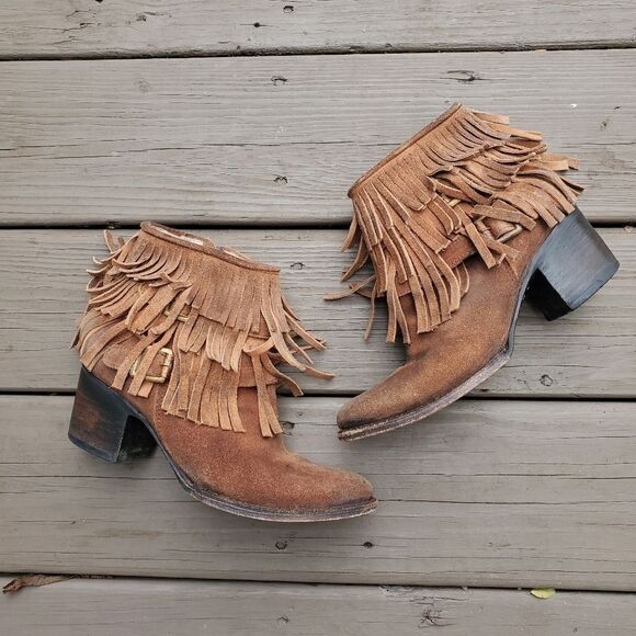 Freebird by Steven Distressed Whiskey Brown Suede Leather Fringe Buckle Booties - Picture 3 of 9